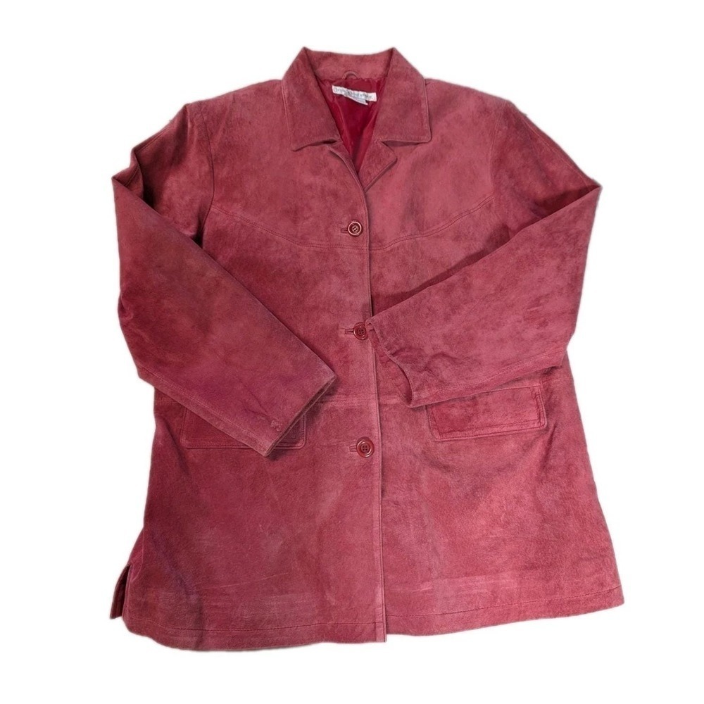 Jessica Holbrook Red Suede Barn Jacket Large Washable Leather Utility Coat 90s